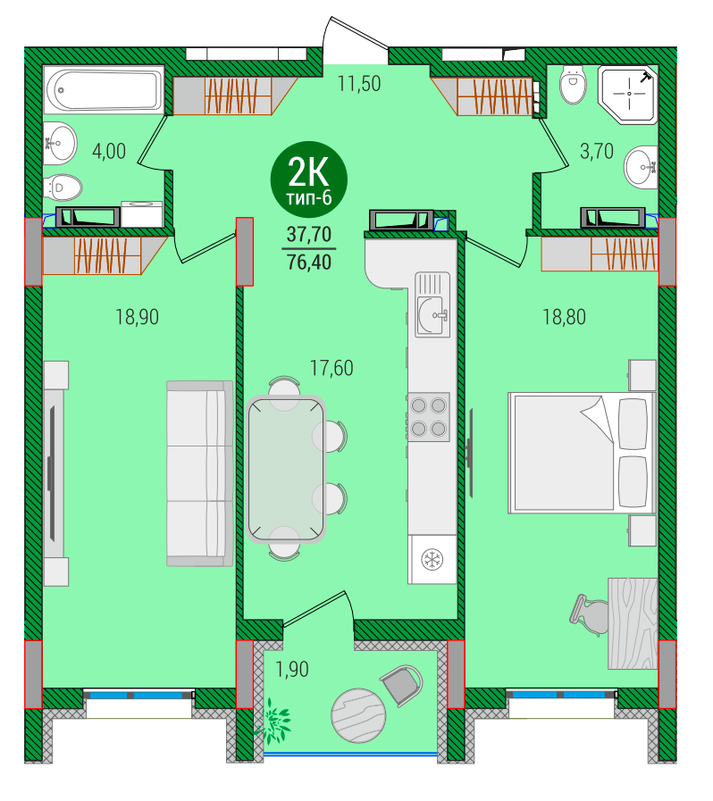 2-комнатная 76.4 м² в ЖК Q-smart от 24 250 грн/м², Киев