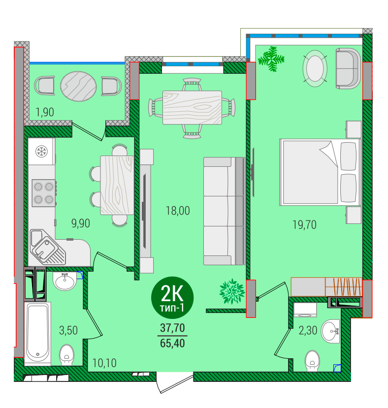 2-комнатная 65.4 м² в ЖК Q-smart от 25 950 грн/м², Киев