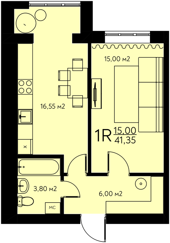 1-комнатная 41.35 м² в ЖК Молодежный городок от 22 000 грн/м², с. Крюковщина