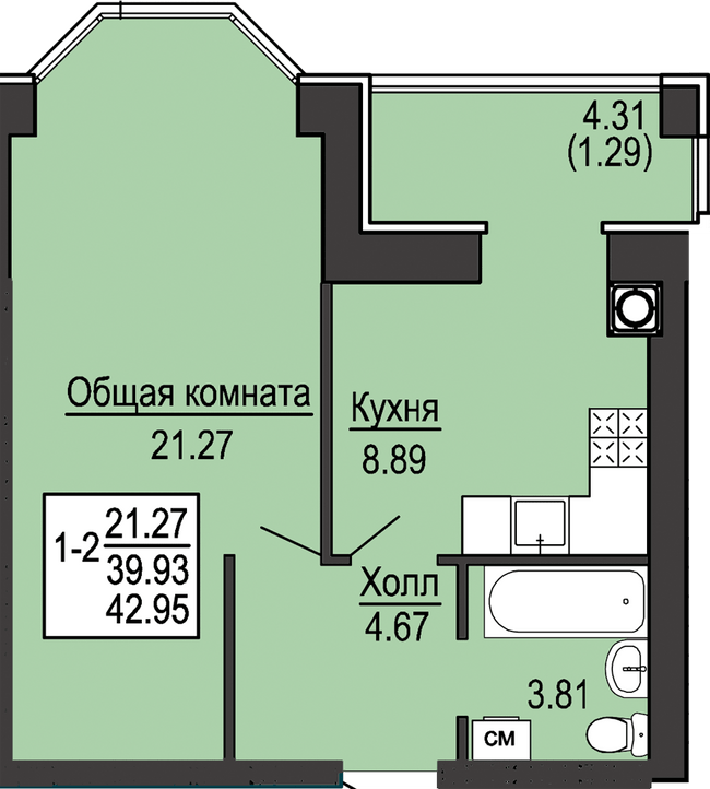 1-кімнатна 42.95 м² в ЖК Софіївська сфера від 28 500 грн/м², с. Софіївська Борщагівка