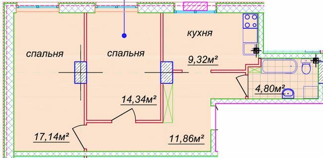 2-комнатная 59.18 м² в ЖК Миронова от 38 200 грн/м², Днепр