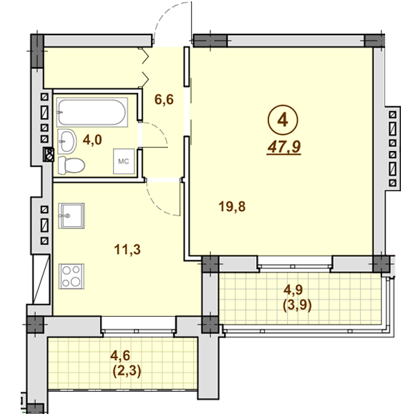 1-комнатная 47.9 м² в ЖК Южный от 28 850 грн/м², Днепр