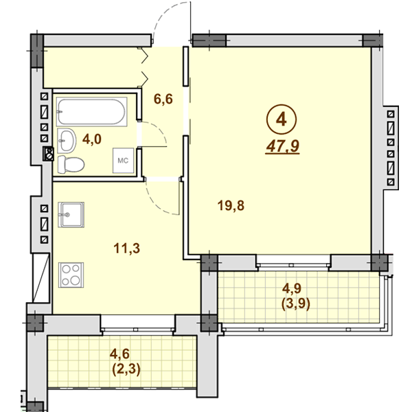 1-кімнатна 47.9 м² в ЖК Південний від 28 850 грн/м², Дніпро