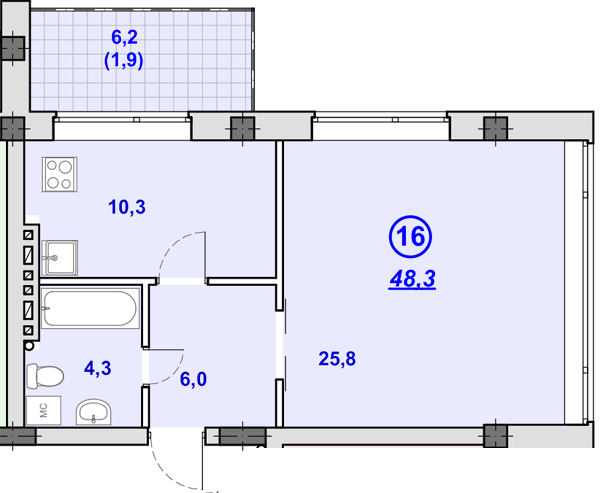 1-комнатная 48.3 м² в ЖК Южный от 23 250 грн/м², Днепр