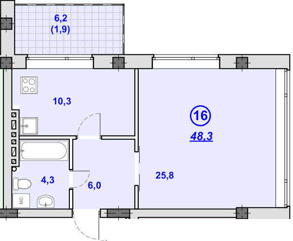 1-кімнатна 48.3 м² в ЖК Південний від 23 250 грн/м², Дніпро