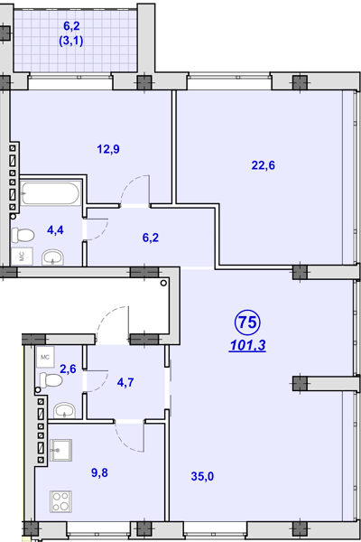 3-комнатная 101.3 м² в ЖК Южный от 27 400 грн/м², Днепр