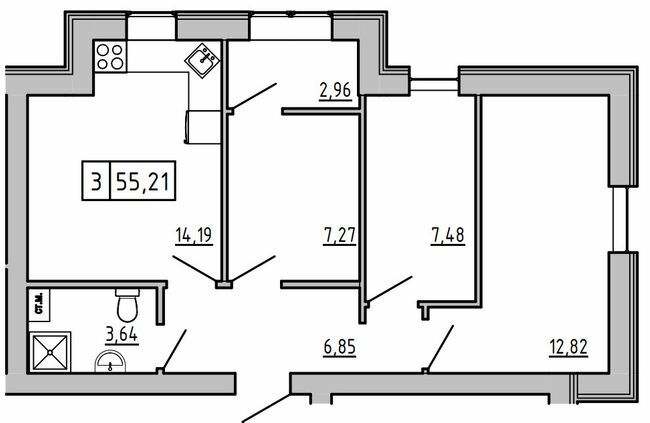 3-комнатная 55.21 м² в ЖК KEKS от 14 650 грн/м², пгт Авангард