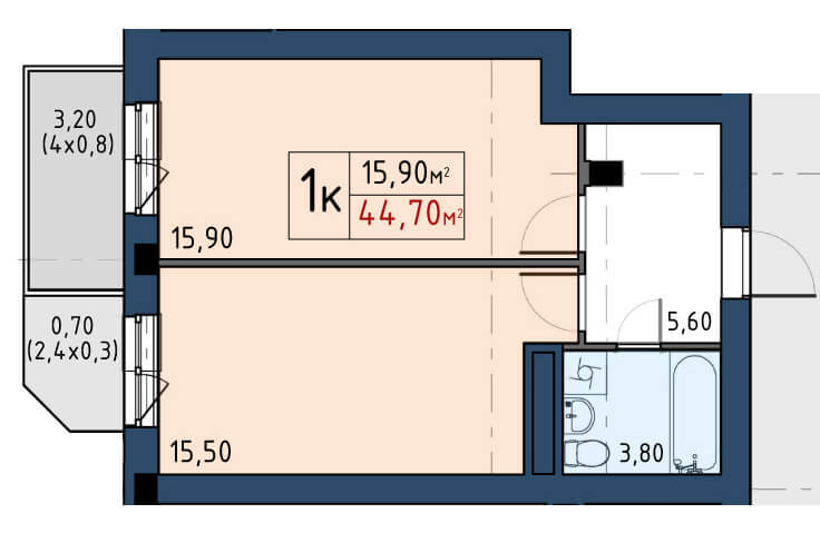 1-комнатная 44.7 м² в ЖК Власна квартира от 53 950 грн/м², Киев