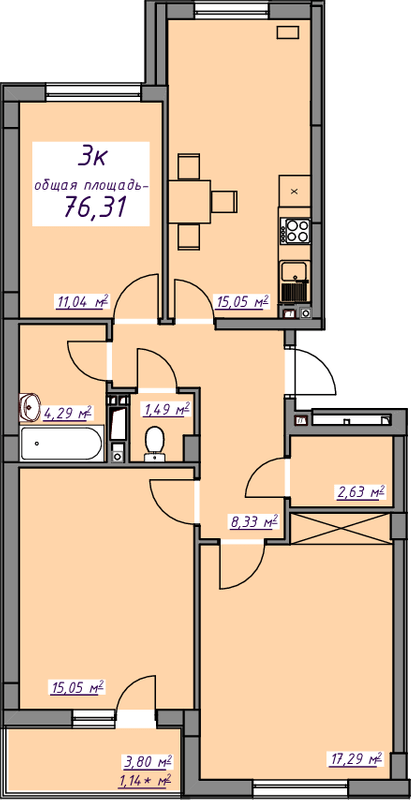 3-комнатная 76.31 м² в ЖМ Седьмое Небо от 19 200 грн/м², пгт Авангард