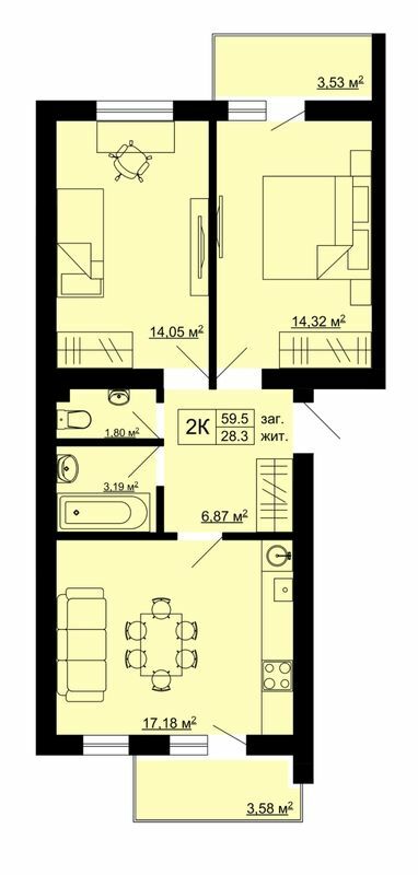 2-комнатная 59.5 м² в ЖК Південний от 16 500 грн/м², с. Сокольники