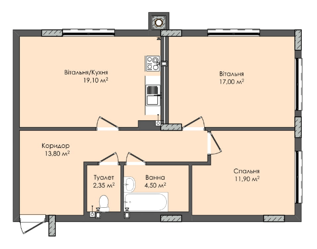 2-кімнатна 68.65 м² в ЖК Комфорт Плюс від 17 800 грн/м², м. Дубляни
