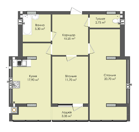 2-кімнатна 71.9 м² в ЖК Комфорт Плюс від 17 800 грн/м², м. Дубляни