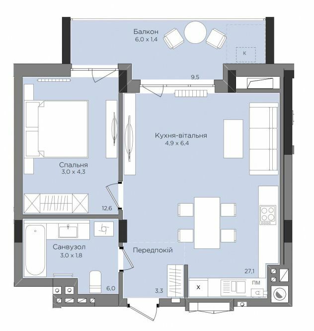 1-комнатная 51.84 м² в ЖК Rubicon Premium от 26 950 грн/м², Львов