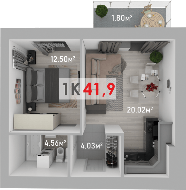1-комнатная 41.9 м² в ЖК Квартал Краковский от 13 300 грн/м², с. Волчинец