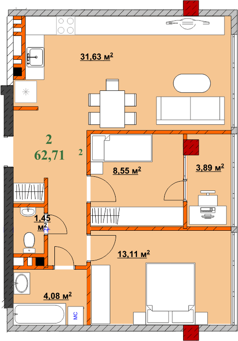 2-комнатная 62.71 м² в ЖК Provance Home от 17 300 грн/м², Ивано-Франковск