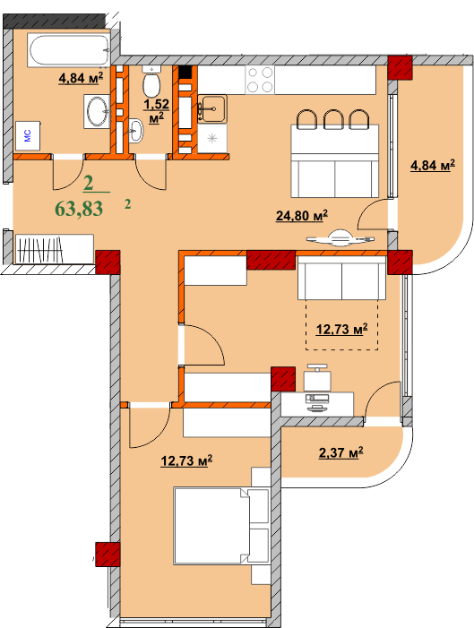 2-кімнатна 63.83 м² в ЖК Provance Home від 17 300 грн/м², Івано-Франківськ