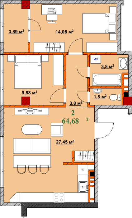 2-кімнатна 64.68 м² в ЖК Provance Home від 17 300 грн/м², Івано-Франківськ