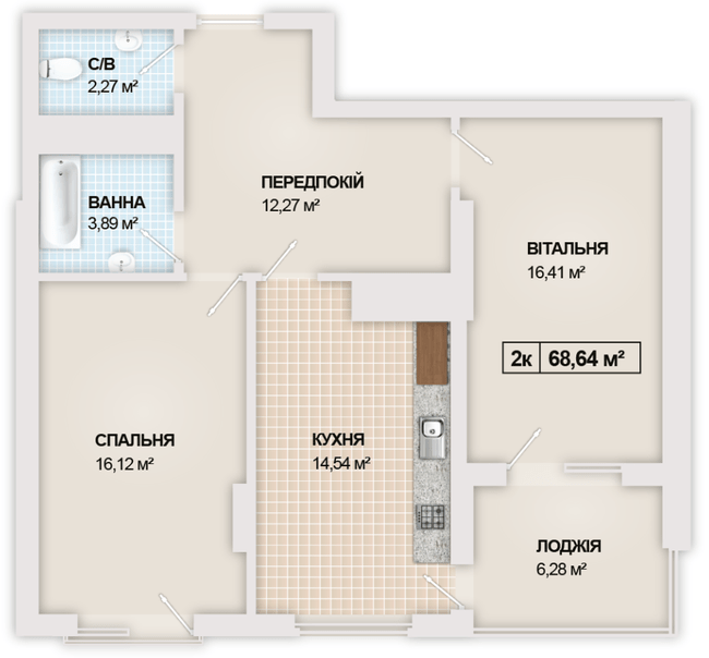 2-комнатная 68.64 м² в ЖК Sonata от 16 300 грн/м², Ивано-Франковск
