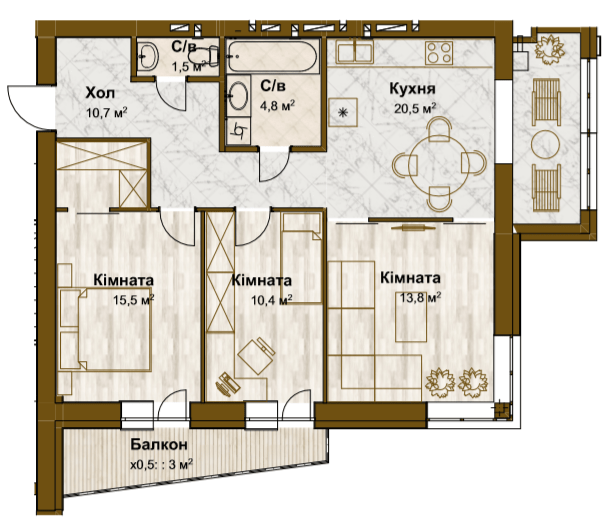 3-комнатная 80.2 м² в ЖК Традиция от 16 750 грн/м², с. Змиенец