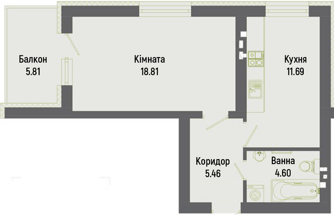 1-комнатная 46.37 м² в ЖК Итальянский от 16 900 грн/м², с. Тарасово
