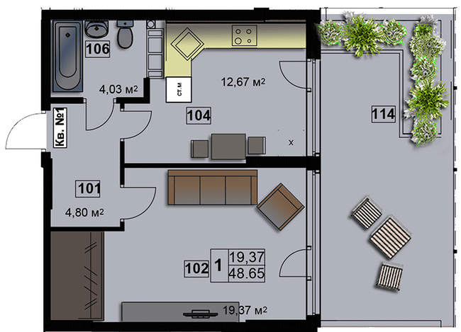 1-кімнатна 48.65 м² в ЖК Абрикос від 17 900 грн/м², Житомир