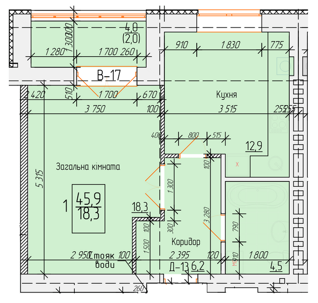 1-комнатная 45.9 м² в ЖК на ул. Петра Калнышевского от 14 500 грн/м², г. Кременчуг