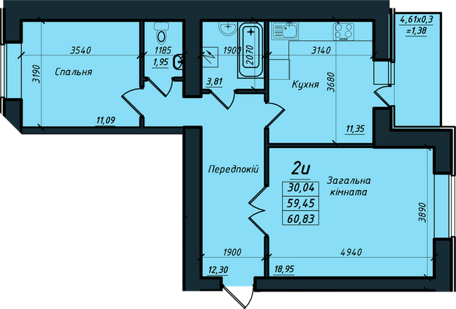 2-кімнатна 60.83 м² в ЖК на вул. Никитченко, 3 від 17 100 грн/м², Полтава