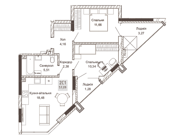 2-комнатная 57.09 м² в ЖК Pokrovsky Apart Complex от 31 550 грн/м², Ровно