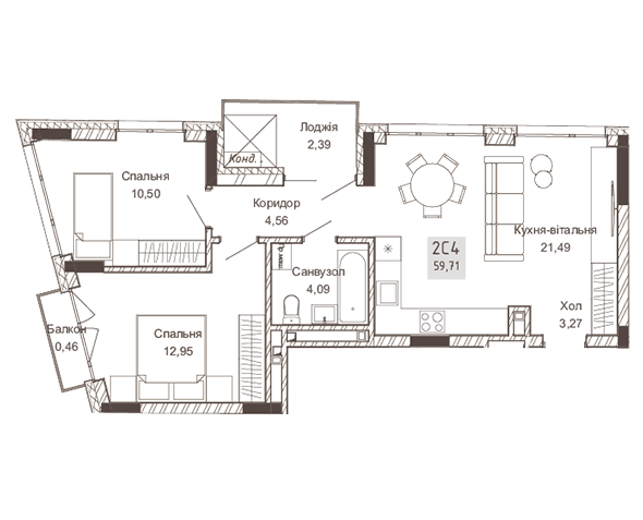 2-комнатная 59.71 м² в ЖК Pokrovsky Apart Complex от 31 550 грн/м², Ровно