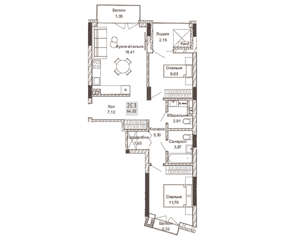 2-комнатная 64.02 м² в ЖК Pokrovsky Apart Complex от 31 550 грн/м², Ровно