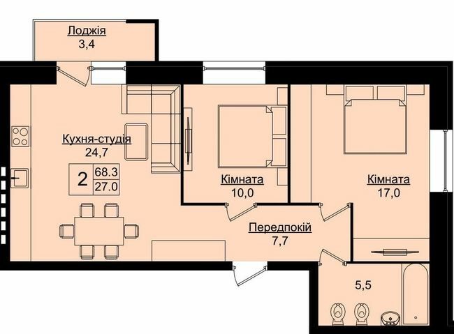 2-кімнатна 68.3 м² в ЖК Затишний дім від 15 000 грн/м², Тернопіль