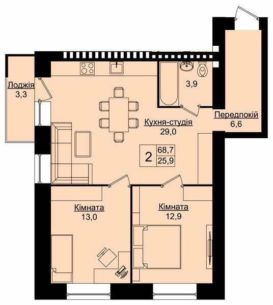 2-кімнатна 68.7 м² в ЖК Затишний дім від 15 000 грн/м², Тернопіль