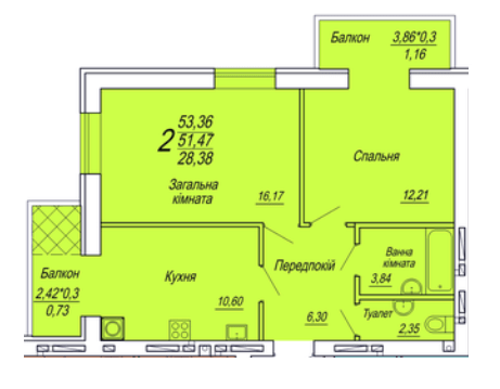2-кімнатна 53.36 м² в ЖК Сімейний від 17 200 грн/м², Житомир