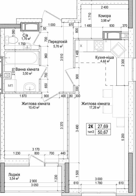 2-комнатная 50.67 м² в ЖК Атлант на Киевской от 19 300 грн/м², г. Бровары