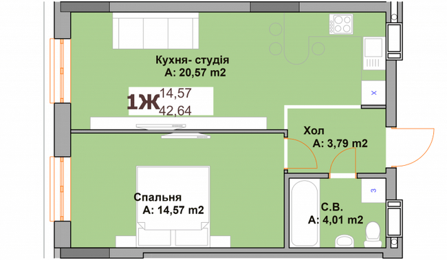 1-кімнатна 42.64 м² в ЖК Vyshgorod Sky від 27 000 грн/м², м. Вишгород