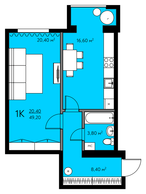 1-комнатная 49.2 м² в ЖК Молодежный городок от 22 000 грн/м², с. Крюковщина