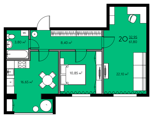 2-комнатная 61.8 м² в ЖК Молодежный городок от 17 000 грн/м², с. Крюковщина