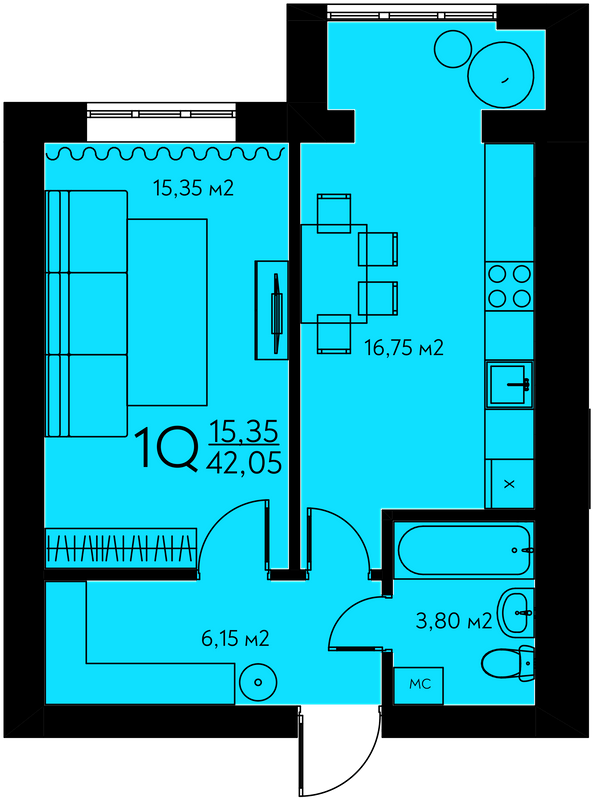 1-кімнатна 42.05 м² в ЖК Молодіжне містечко від 22 000 грн/м², с. Крюківщина