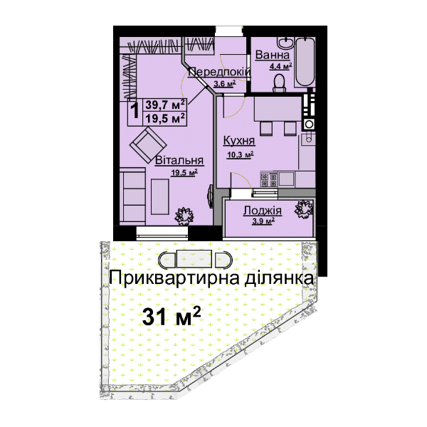 1-комнатная 39.7 м² в ЖК Vlasna от 23 000 грн/м², с. Ходосовка