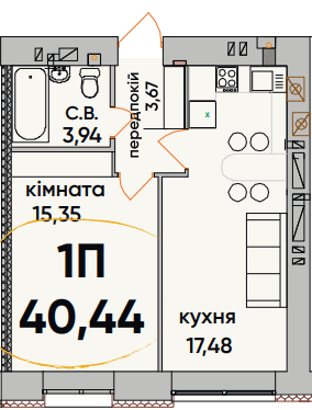 1-кімнатна 40.44 м² в ЖК Continent Ray від 20 000 грн/м², м. Буча