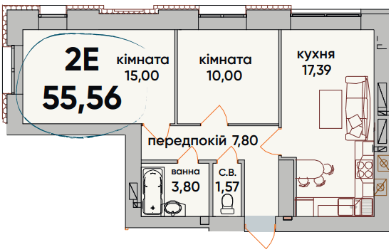 2-комнатная 55.56 м² в ЖК Continent Ray от 19 600 грн/м², г. Буча