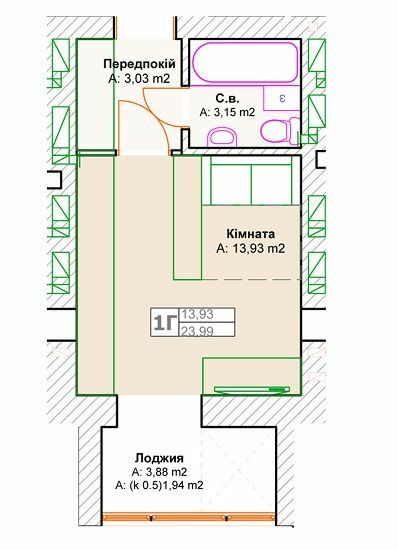 1-кімнатна 23.99 м² в ЖК Фортуна-2 від 20 500 грн/м², м. Ірпінь