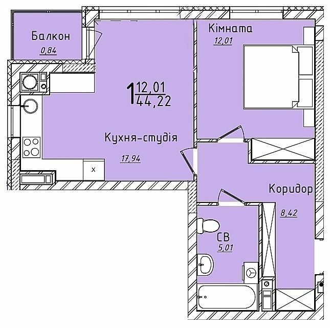 1-кімнатна 44.72 м² в ЖК Континент від 25 500 грн/м², с. Сокільники
