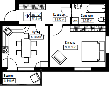 1-комнатная 46.9 м² в ЖК Південний от 21 000 грн/м², с. Сокольники