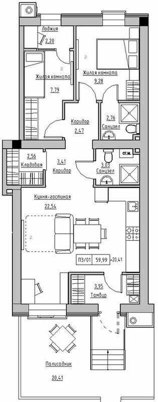 2-комнатная 59.99 м² в ЖК KEKS от 19 900 грн/м², пгт Авангард