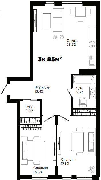 3-кімнатна 85 м² в ЖК Chocolate від 27 000 грн/м², Івано-Франківськ