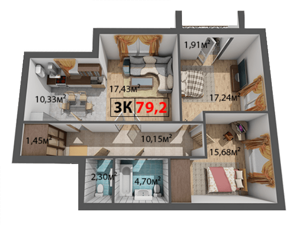 3-кімнатна 79.2 м² в ЖК Квартал Віденський від 14 200 грн/м², Івано-Франківськ