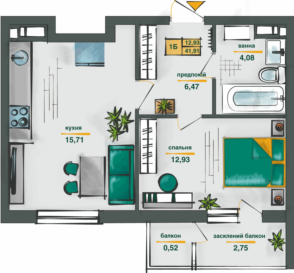 1-кімнатна 41.91 м² в ЖК Сирецькі сади від 33 200 грн/м², Київ