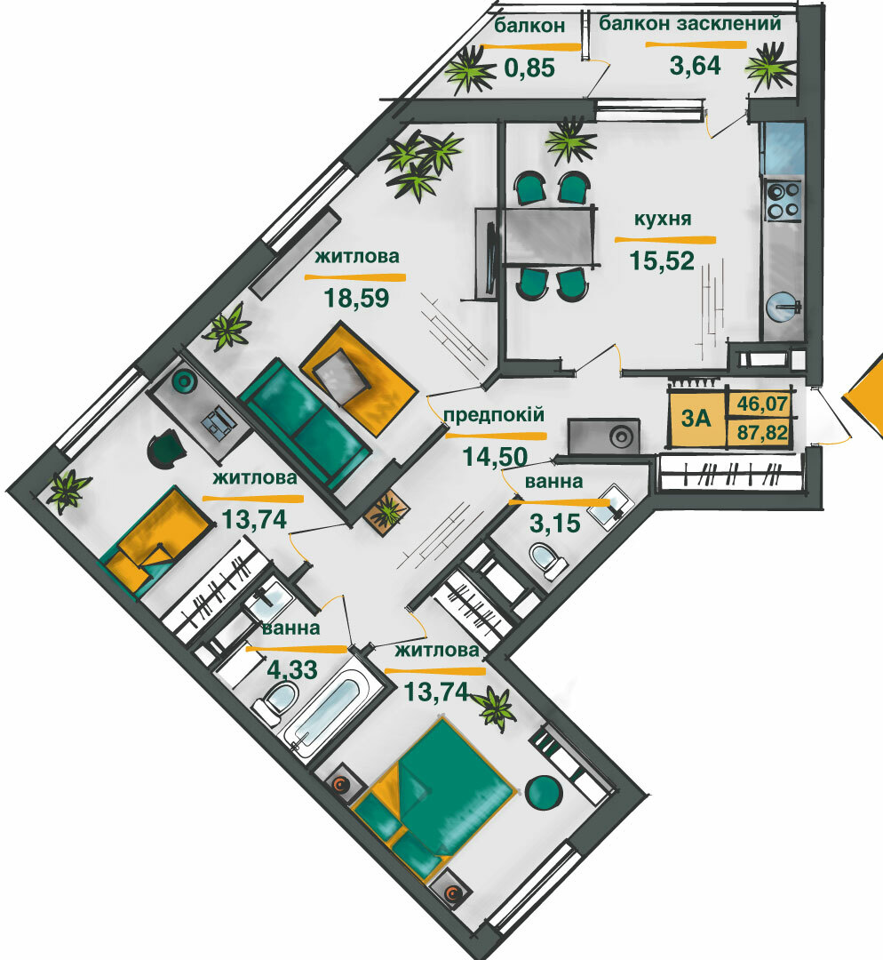 3-кімнатна 87.82 м² в ЖК Сирецькі сади від 24 850 грн/м², Київ