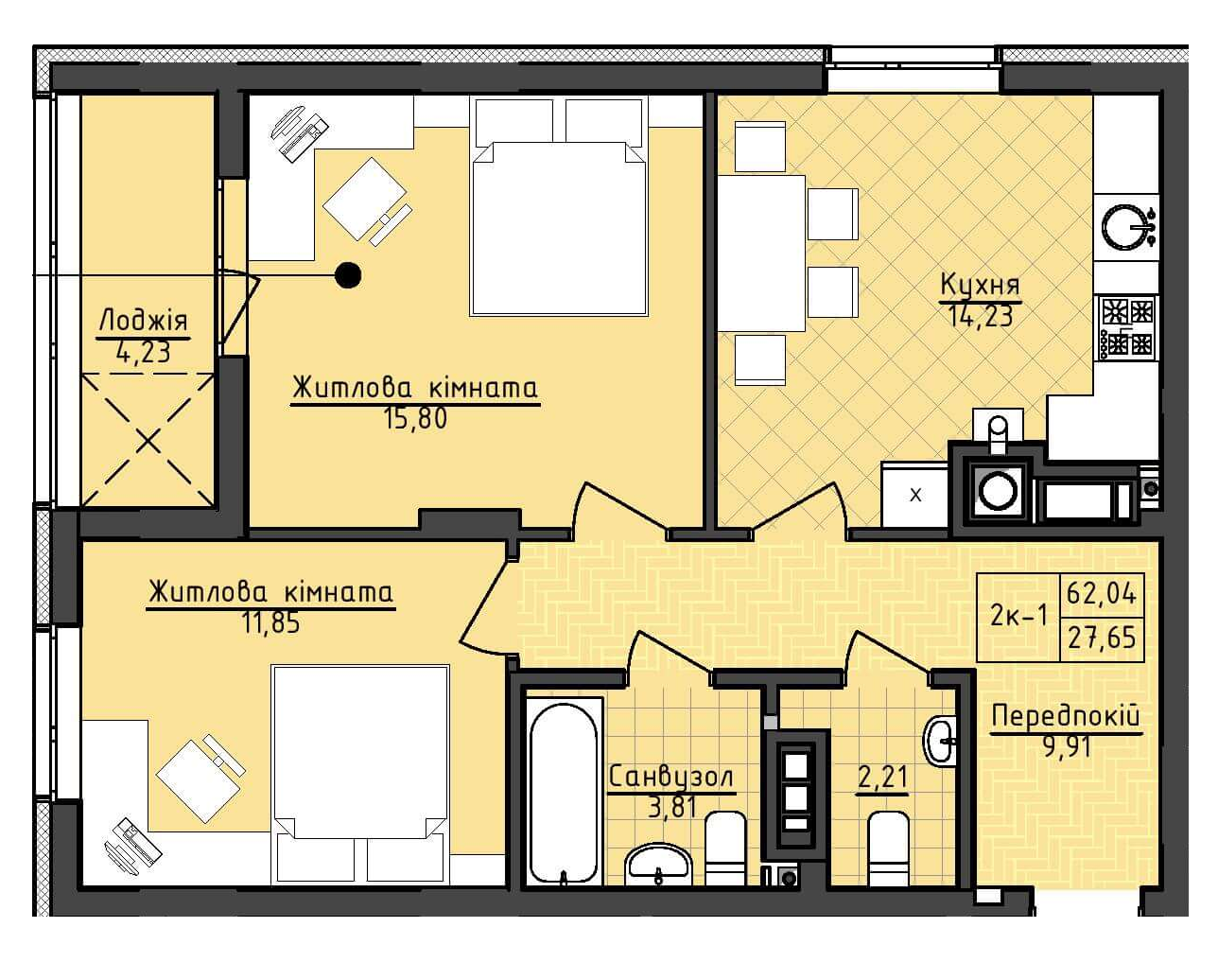 2-кімнатна 62.04 м² в ЖК Deluxe-2 від 24 000 грн/м², Львів